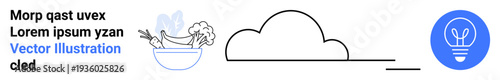 Food sustainability, creative thinking, environmental ideas, innovation concepts, eco-friendly design, healthy lifestyle. Bowl with vegetables, cloud icon and light bulb. Food sustainability