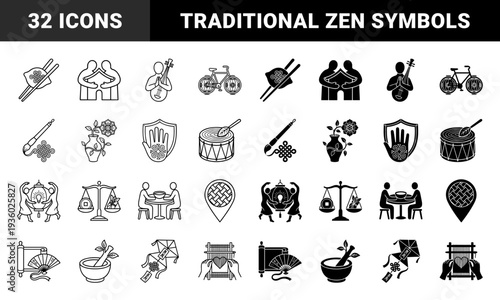 Asian Cultural Heritage Symbols Merged with Traditional Craft Elements Featuring Linear and Silhouette Hybrid Styles for Zen Mindfulness and Ritual