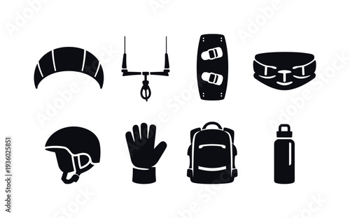 Kitesurfing equipment icons: kite, bar, board, harness, helmet, glove, backpack, bottle
