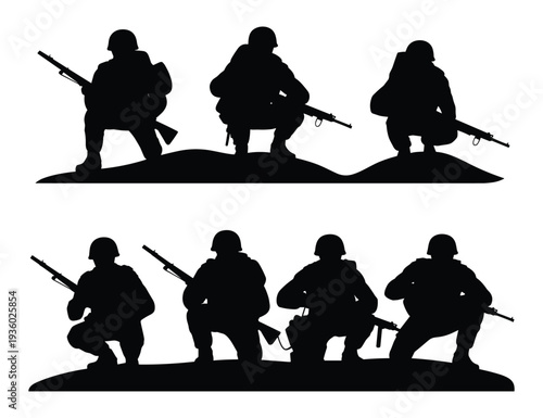 Soldiers in combat positions overlooking a hill stark. silhouette vector on white background.