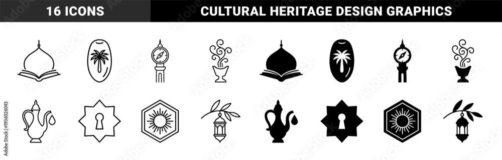 Obraz premium Islamic heritage symbol collection featuring hybrid designs of mosque domes with open books date palms and traditional incense burners in dual stroke and solid styles