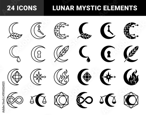 Collection of crescent moon hybrid symbols merging celestial shapes with elements of nature time technology and mysticism in outline and solid styles
