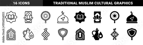 Islamic religious symbols and hybrid cultural elements featuring ramadan lanterns prayer beads mosque domes and quran book in dual outline and solid style