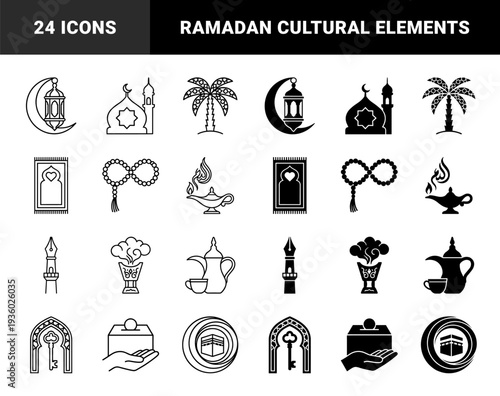 Islamic spiritual symbols featuring hybrid motifs of crescent moon lanterns and prayer rugs with heart shaped mihrab windows in linear and solid styles