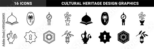 Islamic heritage symbol collection featuring hybrid designs of mosque domes with open books date palms and traditional incense burners in dual stroke and solid styles