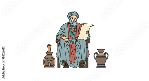 An ancient scholar in a blue-green robe and turban sits on a chair, reading a scroll, flanked by two ornate vases.