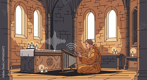 Monk playing ancient pipe organ in stone church interior.