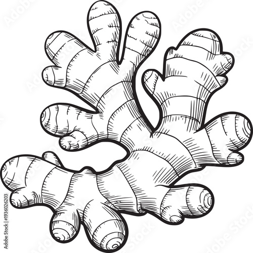 An illustration of a ginger root with detailed line work on a white background in a sketch style