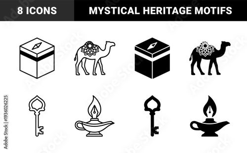 Cultural heritage hybrid icons featuring mystical desert elements merged with artistic symbols including camel mandala and lantern ink nib designs