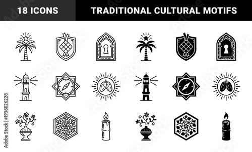 Islamic Heritage Symbols Featuring Hybrid Geometric Motifs Combining Palm Trees Minarets Ketupat Shields And Incense Burners In Linear And Solid Styles