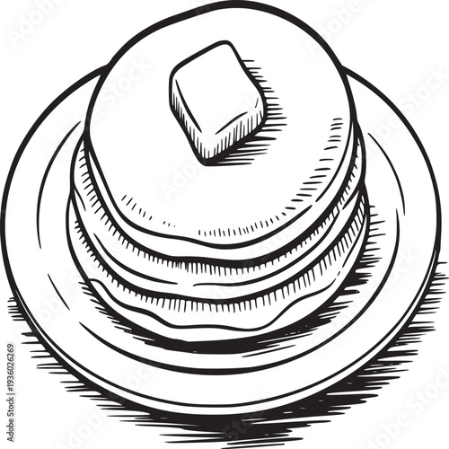 A black and white sketch of a stack of pancakes with a pat of butter on top served on a plate