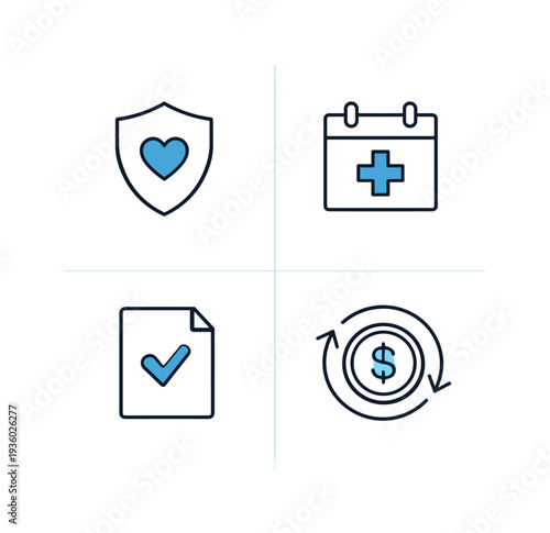 Set of four icons representing health insurance, medical appointment, approved document, and financial transaction