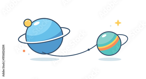 Cute cartoon planets orbiting in space with a small star and rings