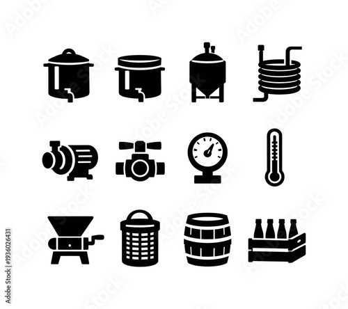 Brewing equipment icons: mash tun, kettle, fermenter, chiller, pump, valve, gauge, thermometer, mill, basket, barrel, crate