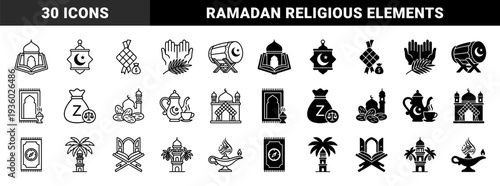 Islamic Religious Hybrid Iconography Featuring Mosque Architecture Integrated with Quran Book Pages Prayer Rug Compass and Traditional Ramadan Elements