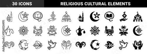 Islamic religious symbols merging traditional crescent moon with ram head prayer hands mosque minaret and tasbih beads in dual outline and solid style