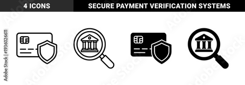 Financial security and banking audit icons featuring credit card with protection shield and magnifying glass over classical bank building architecture