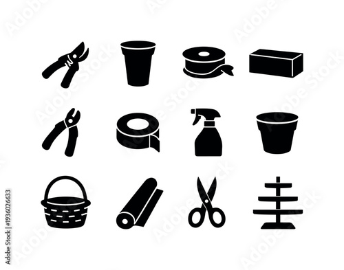 Collection of black icons representing floral arrangement and gardening tools on a white background
