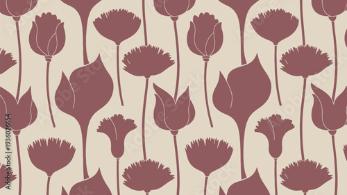 Elegant floral pattern with tulips and poppies in soft mauve hues