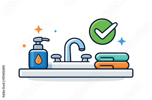 Clean sink with soap dispenser, folded towels, and a green checkmark symbol