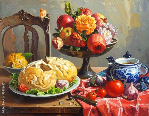 Still Life with Bread, Fruit, and Teapot - A Classic Composition.
