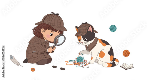 A child detective kneels, peering through a magnifying glass, beside a calico cat detective playing with colorful yarn balls.