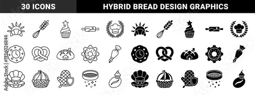 Bakery and Pastry Hybrid Symbol Collection Featuring Bread Combined with Sunrise House and Gear Elements in Outline and Solid Glyph Style
