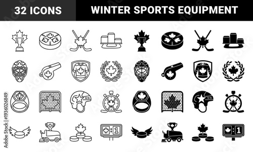 Ice hockey championship competition symbols merging national maple leaf motifs with professional sports equipment in linear and solid styles