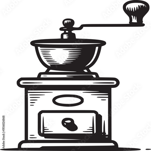 A vintage coffee grinder illustration with a handle and a drawer on a light beige background