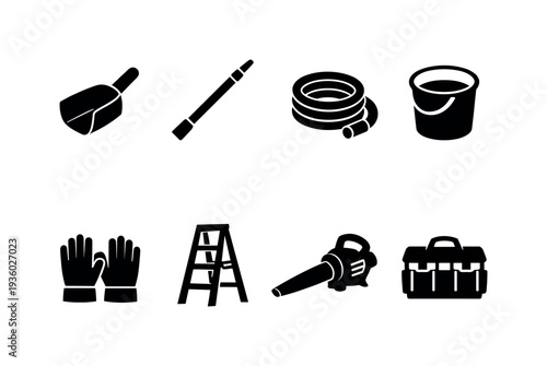Collection of cleaning and maintenance tools including a scoop, pole, hose, bucket, gloves, ladder, blower, and toolbox