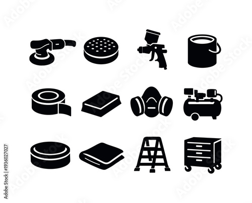 Collection of car detailing and painting tools and supplies, presented as icons