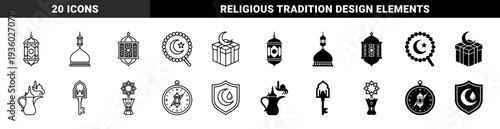 Islamic cultural symbols featuring ramadan lantern mosque dome prayer bead and incense burner with minimalist geometric line and solid hybrid design