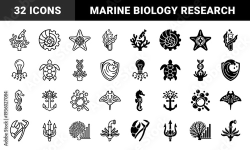 Marine biology and oceanography hybrid symbol set featuring aquatic life merged with scientific tools lab equipment and maritime research elements