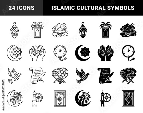 Islamic Ramadan symbols featuring hybrid designs of crescent moons with dates mosque minarets with compasses and prayer rugs with world maps