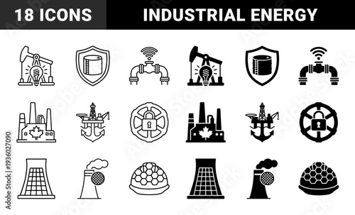Industrial energy and petroleum extraction hybrid icons featuring oil pump jacks with light bulbs and armored fuel storage tanks in line and solid style