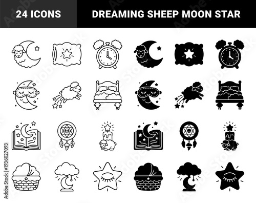 Sleep and bedtime ritual hybrid symbol collection featuring sheep integrated with moon stars dreamcatcher and alarm clock in outline and solid styles