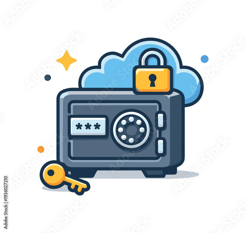 Cloud storage security concept with safe, padlock, and key illustration