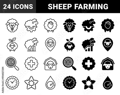 Sheep livestock agriculture icons featuring hybrid conceptual designs merging woolly farm animals with light bulbs gears hearts and growth charts