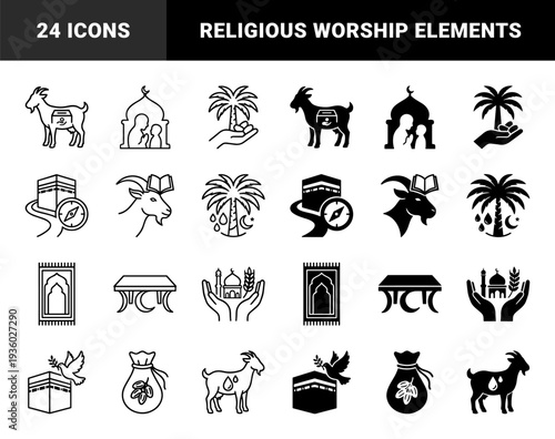 Islamic religious symbols combined with pilgrimage elements featuring the Kaaba mosque and sacrificial goat in both line and solid silhouette styles