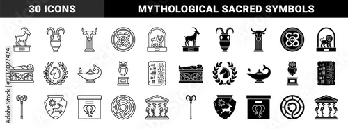 Ancient Civilization Artifacts and Mythology Symbols in Linear and Solid Styles Featuring Hybrid Sacred Animals and Historical Relics