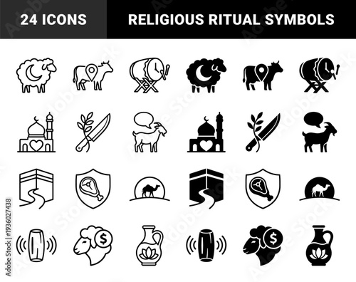 Islamic Religious Sacrifice Symbols and Eid al-Adha Celebration Hybrid Icons Featuring Ritual Animals Mosque Architecture and Traditional Drum Elements