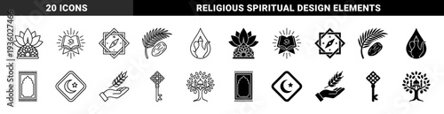 Islamic heritage symbol collection featuring hybrid designs of mosque domes with lotus flowers and quran books merged with radiant sunbursts in outline and solid styles