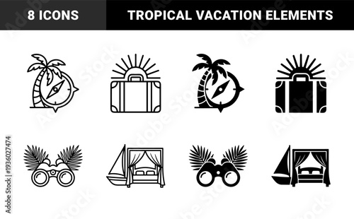 Hybrid travel and leisure icons combining tropical palm trees with compass navigators suitcase with rising sun and luxury boat with canopy bed
