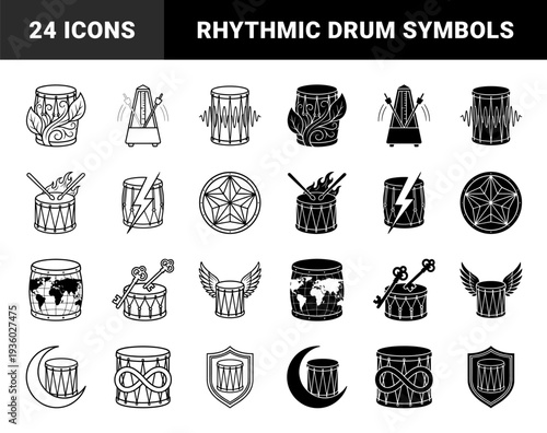 Percussion instrument hybrid symbols merging drums with nature fire lightning globe key and celestial elements in outline and solid black style