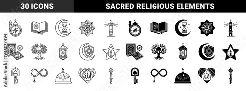 Islamic Spiritual Hybrid Symbols Featuring Quranic Calligraphy Integrated with Compass Qibla Sundial Hourglass Prayer Rug and Minaret Architectural Elements