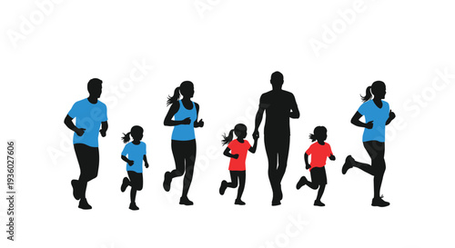 Seven distinct silhouette figures of adults and children are captured in various running poses on a plain white background.