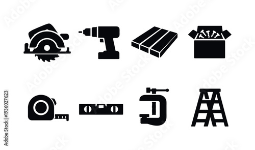 Collection of black construction and DIY tools icons on a white background