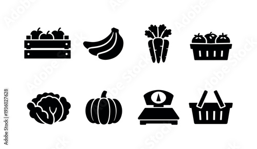 Collection of fresh produce icons including apples, bananas, carrots, tomatoes, cabbage, and pumpkin
