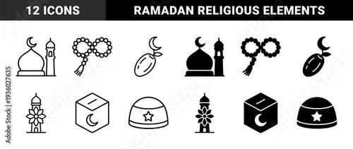 Islamic religious symbols featuring mosque architecture prayer beads date fruit and charity box in dual outline and solid hybrid graphic style