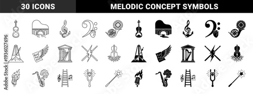 Musical instrument hybrid symbols merging violins with hourglasses and roots plus pianos with bridges and harps with ancient greek temple columns